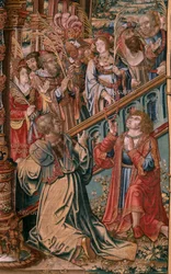 Flamandzki gobelin. Seria Honory. Wiara (La Fe). Pierwszy gobelin z serii. Wzorcowi rysownicy z kręgu Bernarda van Orleya i Jana Gossaerta (Mabuse). Manufaktura Pieter van Aelst, Bruksela. Około 1550. Tkanina Złoto, srebro, jedwab i wełna.