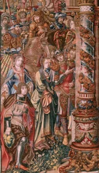 Flamandzki gobelin. Seria Honory. Wiara (La Fe). Pierwszy gobelin z serii. Wzorcowi rysownicy z kręgu Bernarda van Orleya i Jana Gossaerta (Mabuse). Manufaktura Pieter van Aelst, Bruksela. Około 1550. Tkanina Złoto, srebro, jedwab i wełna.