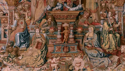 Flamandzki gobelin. Seria Honory. Wiara (La Fe). Pierwszy gobelin z serii. Wzorcowi rysownicy z kręgu Bernarda van Orleya i Jana Gossaerta (Mabuse). Manufaktura Pieter van Aelst, Bruksela. Około 1550. Tkanina Złoto, srebro, jedwab i wełna.