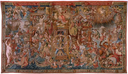 Flamandzki gobelin. Seria Honory. Fortuna, Droga do Honorów (La Fortuna, Camino de los Honores). Piąty gobelin z serii. Wzorcowi rysownicy z kręgu Bernarda van Orleya i Jana Gossaerta de Mabuse. Manufaktura Pieter van Aelst, Brusse