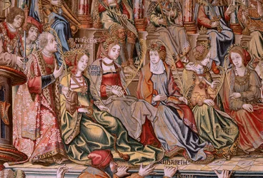 Flamandzki gobelin. Seria Honory. Honor (El Honor). Drugi gobelin w serii. Wzorcowi rysownicy z kręgu Bernarda van Orleya i Jana Gossaerta (Mabuse). Manufaktura Pieter van Aelst, Bruksela. Około 1550. Tkanina Złoto, srebro, jedwab i wełna.