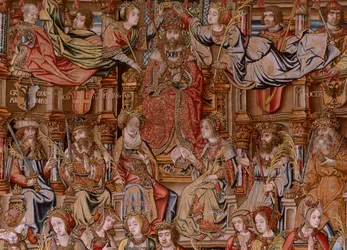 Flamandzki gobelin. Seria Honory. Honor (El Honor). Drugi gobelin w serii. Wzorcowi rysownicy z kręgu Bernarda van Orleya i Jana Gossaerta (Mabuse). Manufaktura Pieter van Aelst, Bruksela. Około 1550. Tkanina Złoto, srebro, jedwab i wełna.