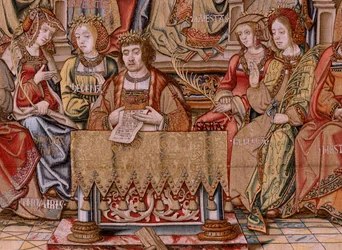 Flamandzki gobelin. Seria Honory. Honor (El Honor). Drugi gobelin w serii. Wzorcowi rysownicy z kręgu Bernarda van Orleya i Jana Gossaerta (Mabuse). Manufaktura Pieter van Aelst, Bruksela. Około 1550. Tkanina Złoto, srebro, jedwab i wełna.