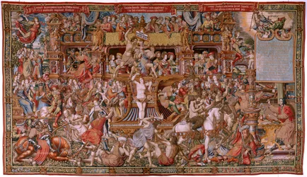 Flamandzki gobelin. Seria Honory. Niesława (La Niesława). Szósty gobelin w serii. Wzorcowi rysownicy z kręgu Bernarda van Orleya i Jana Gossaerta (Mabuse). Manufaktura Pieter van Aelst, Bruksela. Około 1550. Tkanina Złoto, srebro, jedwab i wełna.