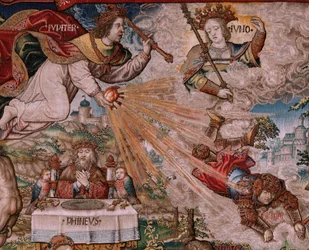 Flamandzki gobelin. Seria Honory. Sprawiedliwość (La Justicia, Los Honores). Dziewiąty gobelin w serii. Wzorcowi rysownicy z kręgu Bernarda van Orleya i Jana Gossaerta (Mabuse). Manufaktura Pieter van Aelst, Bruksela. ok. 1550. Tkanina Złoto, srebro,