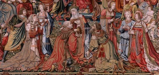 Flamandzki gobelin. Seria Honory. Sprawiedliwość (La Justicia, Los Honores). Dziewiąty gobelin w serii. Wzorcowi rysownicy z kręgu Bernarda van Orleya i Jana Gossaerta (Mabuse). Manufaktura Pieter van Aelst, Bruksela. ok. 1550. Tkanina Złoto, srebro,