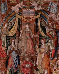 Flamandzki gobelin. Seria Honory. Sprawiedliwość (La Justicia, Los Honores). Dziewiąty gobelin w serii. Wzorcowi rysownicy z kręgu Bernarda van Orleya i Jana Gossaerta (Mabuse). Manufaktura Pieter van Aelst, Bruksela. ok. 1550. Tkanina Złoto, srebro,