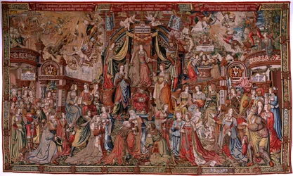 Flamandzki gobelin. Seria Honory. Sprawiedliwość (La Justicia, Los Honores). Dziewiąty gobelin w serii. Wzorcowi rysownicy z kręgu Bernarda van Orleya i Jana Gossaerta (Mabuse). Manufaktura Pieter van Aelst, Bruksela. ok. 1550. Tkanina Złoto, srebro,