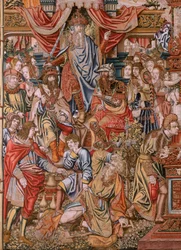 Flamandzki gobelin. Seria Honory; Szlachta (La Nobleza). Czwarty gobelin w serii. Wzorcowi rysownicy z kręgu Bernarda van Orleya i Jana Gossaerta (Mabuse). Manufaktura Pieter van Aelst, Bruksela. ok. 1550. Tkanina Złoto, srebro, jedwab i woo