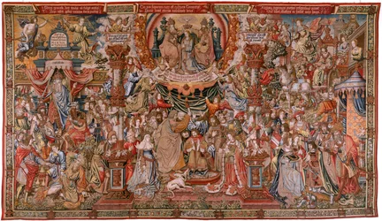 Gobelin flamandzki. Seria Honory; Szlachta (La Nobleza). Czwarty gobelin z serii. Projekt kartoniarzy z kręgu Bernarda van Orleya i Jana Gossaerta (Mabuse). Manufaktura Pieter van Aelst, Bruksela. Około 1550. Materiały: złoto, srebro, jedwab i wełna