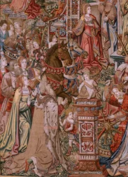 Flamandzki gobelin. Seria Honory; Roztropność (La Prudencia).Siódmy gobelin z serii. Wzorcowi rysownicy z kręgu Bernarda van Orleya i Jana Gossaerta (Mabuse). Manufaktura Pieter van Aelst, Bruksela. ok. 1550. Tkanina Złoto, srebro, jedwab i w