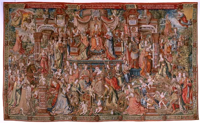 Flamandzki gobelin. Seria Wyróżnienia; Roztropność (La Prudencia).Siódmy gobelin z serii. Wzorcowi rysownicy z kręgu Bernarda van Orleya i Jana Gossaerta (Mabuse). Manufaktura Pieter van Aelst, Bruksela. ok. 1550. Tkanina Złoto, srebro, jedwab i w