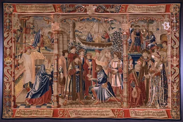 Flamandzki gobelin. Seria The Legend of the Madonna of the Sablon (Legenda Matki Bożej Sablon). Posąg Madonny przybywa do kościoła Sablon (Posąg Matki Boskiej zostaje przeniesiony do kościoła Sablon, La Estatua de