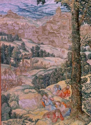 Flamandzki gobelin. Seria Męka Chrystusa. Chrystus na Górze Oliwnej. Manufaktura Pieter de Pannemaeker, Bruksela. Rysownik Barend van Orley. ok. 1518-1522.