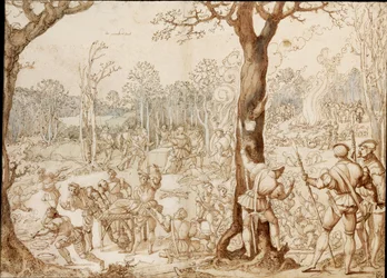 Dzielenie się zwierzyną (scena bankietu w lesie, w dzień polowania) - Praca Bernaerta van Orleya (1488-1541) (Barend, Barent, Bernard van Brussel), tusz na papierze (37 ,6x57,7)