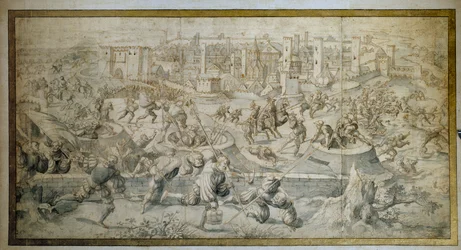Szósta wojna włoska (1521-1526): „”Bitwa pod Pawią 25 lutego 1525 r., wyjście z garnizonu pawijskiego i ze Szwajcarii”” Bitwa pod Pawią (Pawia) zakończyła się klęską Franciszka I nad Karolem V. Rysunek Bernarda Van Horleya (1488-1541) 1525 Paryż