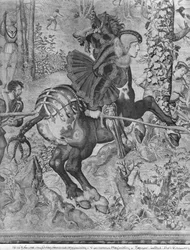 Polowania Maksymiliana, Koziorożca, Polowanie na dziki, detal Maksymilian I 1459-1519 Fabryka Gobelinów patrz także 138999 gobelin zdjęcie bw