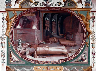 Reprezentacja warsztatu odlewni armat. Fresk Bernardino Barbatelli dit Poccetti (1548-1612) Florencja, Galeria Uffizi (Uffizi)