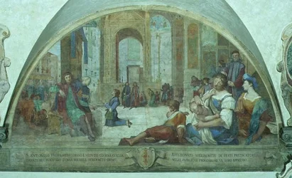 Młody św. Antoni modlący się przed krucyfiksem na rynku (fresk)