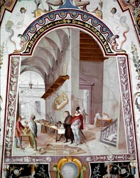 Widok pracowni architekta. Fresk Bernardino Barbatelli dit il Poccetti (1548-1612) XVII-wieczna Galeria Uffizi (Biura) Florencja