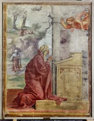 Zwiastowanie św. Annie, w tle św. Joachim i Anioł