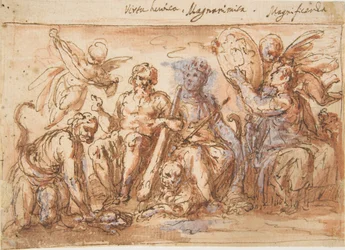 Postacie alegoryczne: Moc, Herkules dusi Hydrę, Obfitość i Sława, 1600-1650.