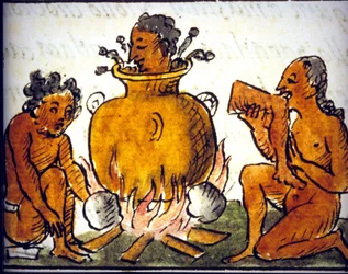 Rytualny kanibalizm wśród Azteków. Rękopis Bernardina de Sahagúna. XVII wiek. Fragment COS00778.