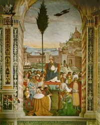 Eneasz Sylwiusz Piccolomini, papież Pius II w porcie w Ankonie we Włoszech, gdzie zmarł, czekając na zebranie się krzyżowców (fresk)