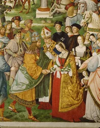 Eneasz Sylwiusz Piccolomini, ówczesny biskup Sieny, przedstawia cesarza Fryderyka III jego narzeczonej, Eleonorze Portugalskiej (fresk)