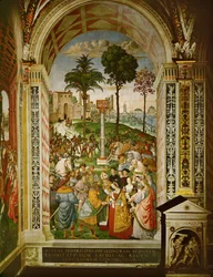 Eneasz Sylwiusz Piccolomini, ówczesny biskup Sieny, przedstawia cesarza Fryderyka III jego narzeczonej, Eleonorze Portugalskiej (fresk)