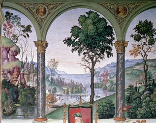 Krajobraz w tle widziany przez loggię, fragment z „Eneasz Sylwiusz Piccolomini (1405-64) wygłasza orację przed królem Szkockim Jakubem I (1394-1437) zimą 1435 r.