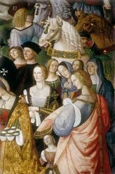 Enee Silvio Piccolomini przedstawiający Eleonorę z Portugalii cesarzowi Fryderykowi III Świętego Cesarstwa przy bramie Camollia w Sienie”, fragment (fresk)