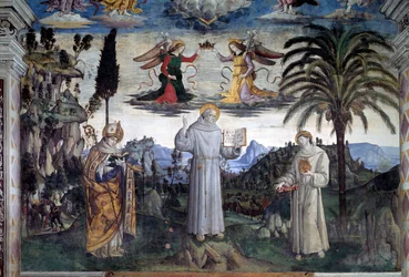 Chwała Bernardyna ze Sieny. Fragment świętego między św. Ludwikiem Andegaweńskim a św. Antonim z Padwy (fresk, ok.1486)