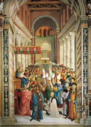 Włochy, Siena, katedra, Biblioteka Piccolominich, Koronacja papieża Piusa II, fragment Historii Piusa II