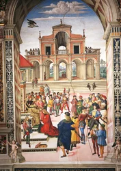 Włochy, Siena, Katedra, Biblioteka Piccolominiego, Enea Silvio Piccolomini nagrodzony przez cesarza Fryderyka III poetą, fragment Opowieści Piusa II