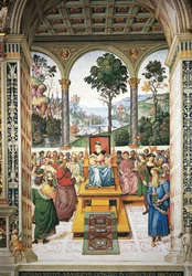 Włochy, Siena, Katedra, Biblioteka Piccolomini, Enea Silvio Piccolomini wygłasza przemówienie przed królem Szkockim Jakubem I, fragment z Opowieści Piusa II