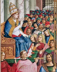 Biblioteka Piccolomini, ściana południowo-zachodnia: „Eneasz Sylwiusz, wybrany na papieża imieniem Pius II, wchodzi do Bazyliki św. Piotra, 3 września