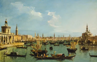 Bacino di San Marco, Wenecja, od Kanału Giudecca z Doganą, Molo, Riva degli Schiavoni, Kościół San Giorgio Maggiore i licznymi łodziami,