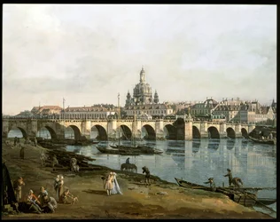 Widok Drezna z prawej strony rzeki Łaby, poniżej Augustusbruecke ... (obraz na płótnie)
