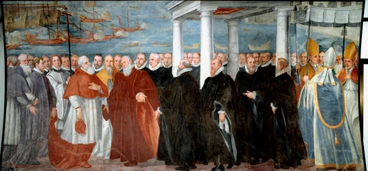 Doża Genes Giacomo Durazzo Grimaldi (około 1503-1579) wita kardynała Giovanniego Morone w porcie Genes Fresco Bernardo Castello (1557-1629) Genes z XVI wieku, Museo di Sant 