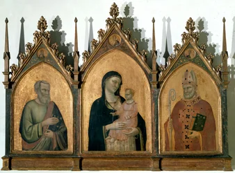 Tryptyk Wszystkich Świętych czyli Madonna z Dzieciątkiem pomiędzy św. Mateuszem Ewangelistą a św. Mikołajem z Bari - Tempera na desce