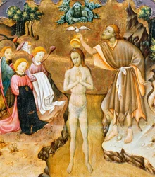 Chrzest Chrystusa, detal z predelli ołtarza z Katedry Vic, autorstwa Bernata Martorella (ok. 1400-1452), malowany na drewnie. Katalońska sztuka gotycka.