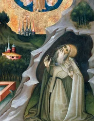 Pustelnik w ekstazie, fragment ołtarza św. Marii Magdaleny (1437-1452), pędzla Bernata Martorella (ok. 1400-1452), malowany na drewnie. Katalońska sztuka gotycka.