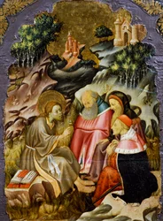 Kazanie Jana Chrzciciela, fragment predelli ołtarza z Katedry Vic, autorstwa Bernata Martorella (ok. 1400-1452), malowany na drewnie. Katalońska sztuka gotycka.
