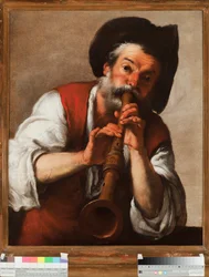 Il pifferaio (Flecista) (Dudziarz) Obraz Bernardo Strozziego (1581-1644) Geny z XVII wieku, Musei di Strada Nuova (ex Palazzo Rosso)