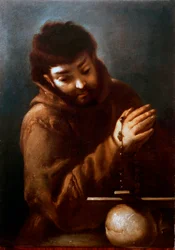 Reprezentacja św. Franciszka z Asyżu oddająca cześć krucyfiksowi Obraz Bernardo Strozziego (1581-1644) XVII w. Zbiory prywatne