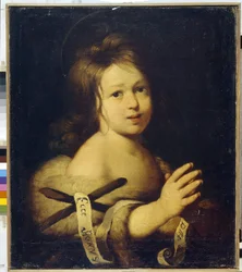 Św. Jan Chrzciciel, dziecko. (Jan Chrzciciel jako dziecko). Trzyma krzyż z filakterem „Ecce agnus dei” (Oto Baranek Boży). Obraz Bernardo Strozziego (1581-1644), olej na płótnie