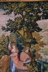 Flamandzki gobelin. Seria Fundacja Rzymu: Faustulus spotyka Romulusa i Remusa. Rysownik Barend van Orley (?). Produkcja brukselska. 1525-1530. Szczegół.