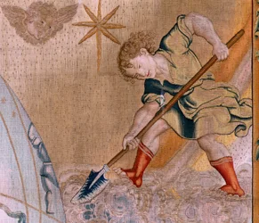 Flamandzki gobelin. Seria Kule. Herkules podtrzymujący sferę niebieską (Hércules sostiene la esfera celeste). Pierwszy gobelin z serii. Model Barend van Orley lub Pieter Coecke van Aelst. 1525-1530. Manufaktura Joris Vezeleer (Georg Wezeler)?, B