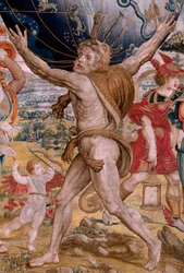 Flamandzki gobelin. Seria Kule. Herkules podtrzymujący sferę niebieską (Hércules sostiene la esfera celeste). Pierwszy gobelin z serii. Model Barend van Orley lub Pieter Coecke van Aelst. 1525-1530. Manufaktura Joris Vezeleer (Georg Wezeler)?,